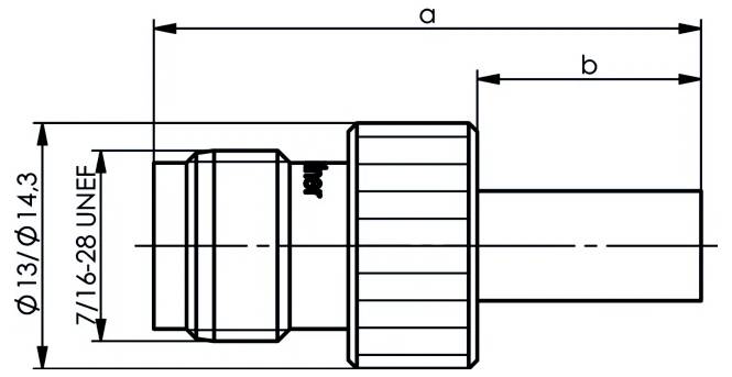 Technische Maßzeichnung eines zylindrischen Steckers oder Adapters mit Seitenansicht und beschrifteten Abmessungen a, b, Ø13/Ø14,3 und 7/16-28 UNEF-Gewinde.