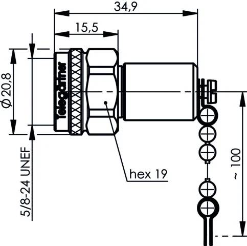 Technische Zeichnung eines zylindrischen Steckers mit beschrifteten Abmessungen, einschließlich 34,9, 15,5, Ø20,8, 5/8-24 UNEF, Sechskant 19 und ~100.