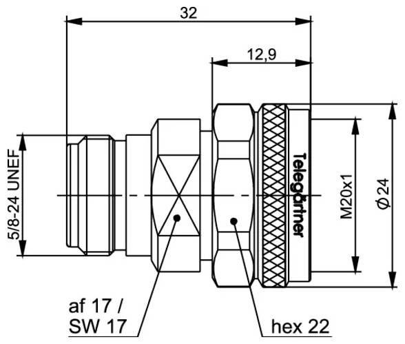 Technische Strichzeichnung eines zylindrischen Gewindeverbinders mit beschrifteten Abmessungen 32, 12,9, 5/8-24 UNEF, M20x1, Ø24, af 17/SW 17 und hex 22.