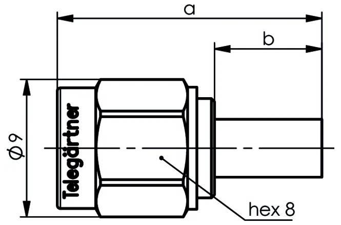 Technische Linienzeichnung einer zylindrischen Verschraubung mit sechskantigen Gehäuse, beschriftete Abmessungen a, b, Ø9 und „hex 8