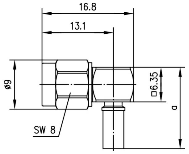 Technische Zeichnung einer Winkelverbindung mit beschrifteten Abmessungen: 16,8, 13,1, Ø9, □6,35 und SW 8.
