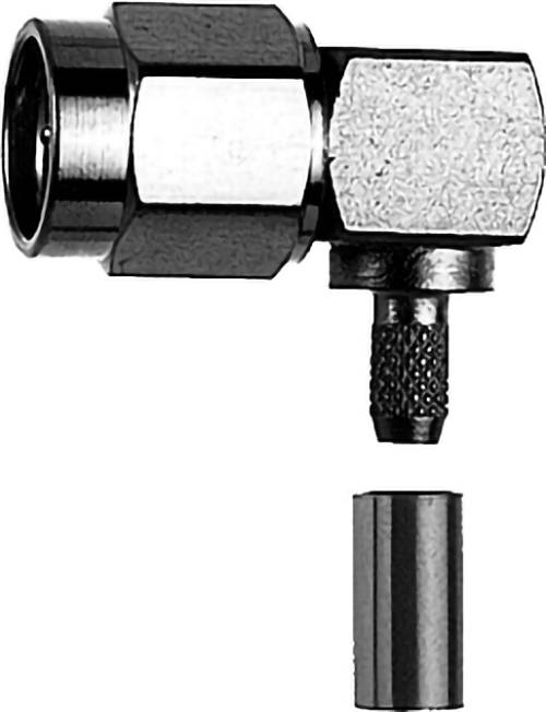 Metallischer Rechtwinkel-Koaxialstecker mit einer separaten zylindrischen Hülse darunter auf weißem Hintergrund.