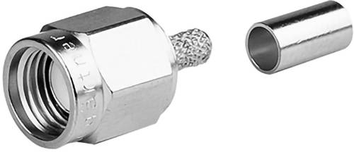 Close-up of a coaxial cable connector and separate metal ferrule on a white background.