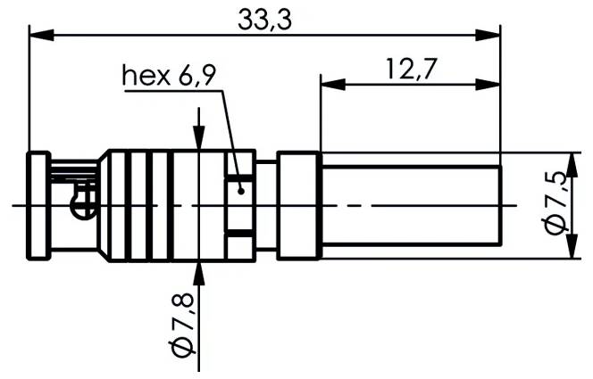 Technische Strichzeichnung eines zylindrischen Steckers mit beschrifteten Abmessungen: 33,3 Gesamtlänge, 12,7 rechter Abschnitt, Sechskant 6,9, Durchmesser 7,8 und 7,5 mm Enddurchmesser.