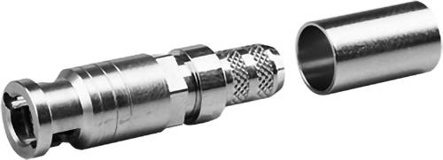 Metallischer koaxialer Kabelstecker und passendes Muschelsystem separat auf weißem Hintergrund dargestellt.