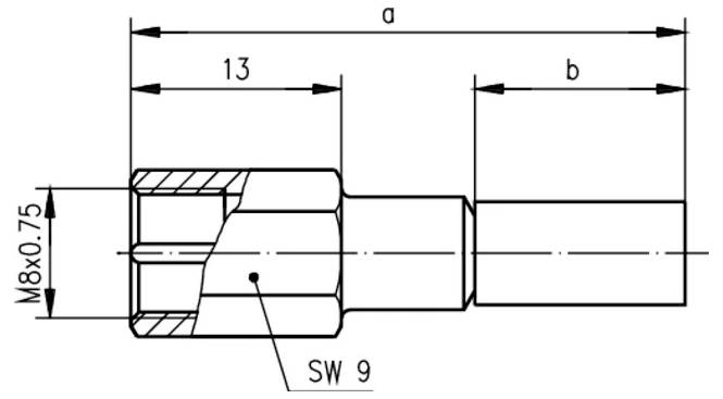 Technische Zeichnung eines gestuften Zylinderbauteils mit den Abmessungen a, b, 13, M8x0,75 und SW 9 beschriftet.