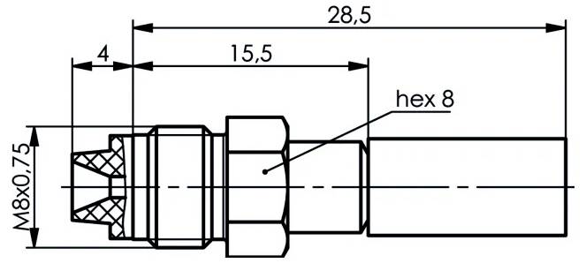 Technische Zeichnung eines Rundsteckers mit Seiten- und Frontansicht mit Abmessungen: min. 34, 18,6, SW30 und 32 mm.