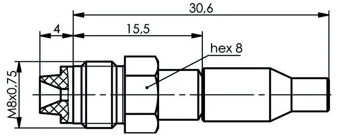 Technische Zeichnung einer Gewindezylinderverbindung mit den gekennzeichneten Abmessungen 30,6, 15,5, 4, M8x0,75 und Sechskant 8.
