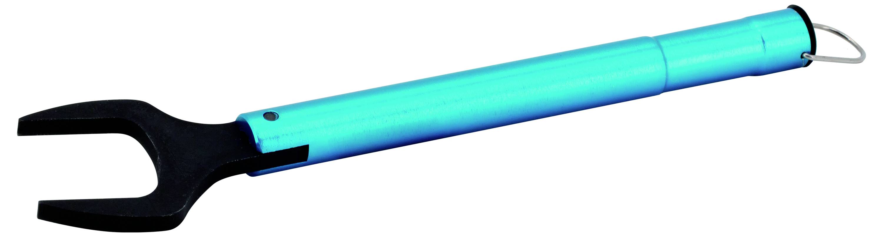 Ein türkis- und schwarzes Greifwerkzeug mit gespaltener Klaue und Schlaufengriff, gezeigt auf weißem Hintergrund.