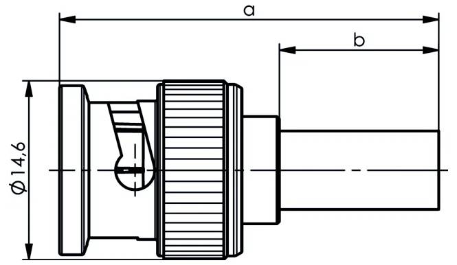 Technische Strichzeichnung eines zylindrischen Steckers oder Adapters mit Bemaßungsbeschriftungen a, b und Durchmesser Ø14,6, zeigt Seitenansicht und Maße.
