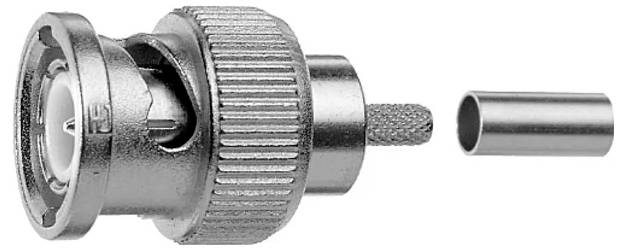 BNC-Koaxialsteckverbinder mit separater Crimpmuffe, daneben auf weißem Hintergrund abgebildet.