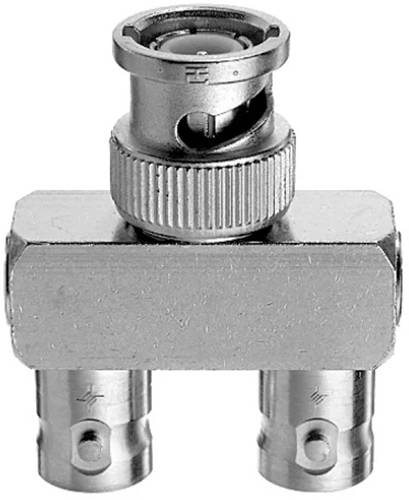 Metallischer koaxialer Kabel-Splitter-Adapter mit einem oberen Anschluss und zwei unteren Anschlüssen auf einem rechteckigen Block.