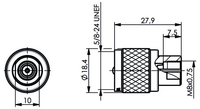 Technische Zeichnung eines koaxialen Steckers mit Front- und Seitenansicht mit Abmessungen einschließlich 27,9 Länge, 18,4 Durchmesser, 10 Breite, 5/8-24 UNEF und M8x0,75 Gewinde.