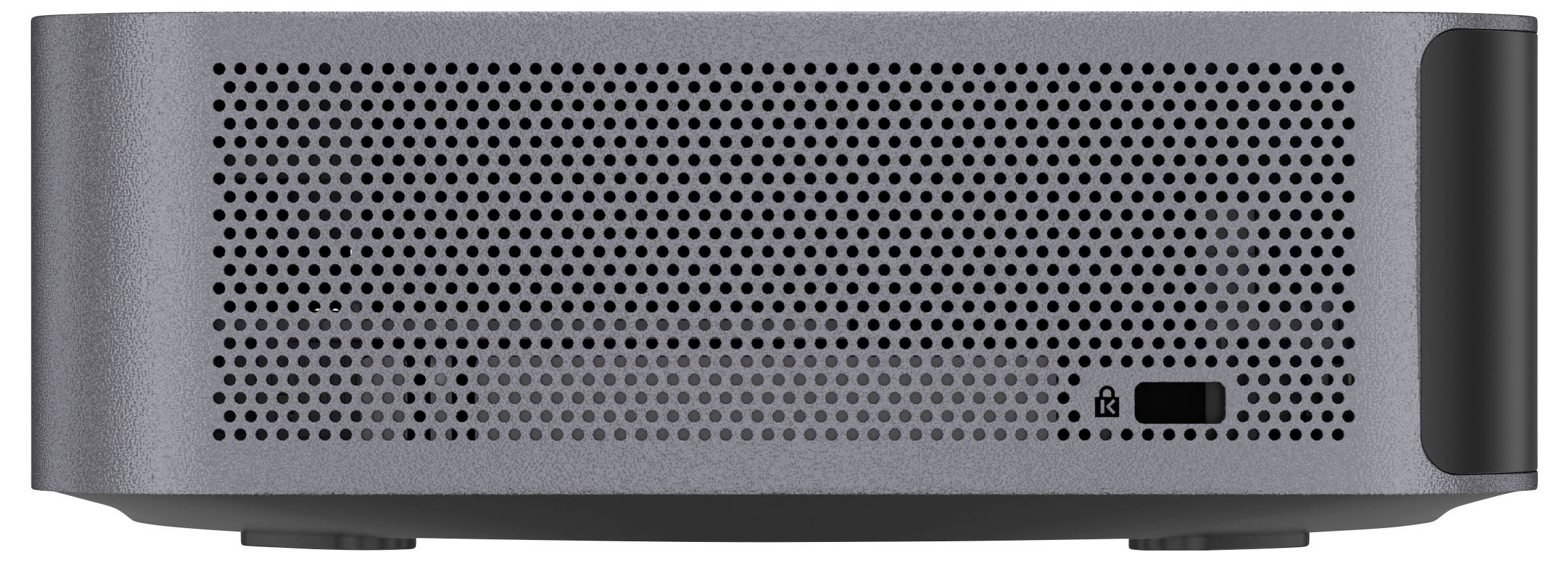Vorderansicht eines grauen Projektors mit einem perforierten Lautsprechergitter, Linse auf der rechten Seite und einem kleinen Bedienungsdisplay in der Nähe der unteren rechten Ecke.