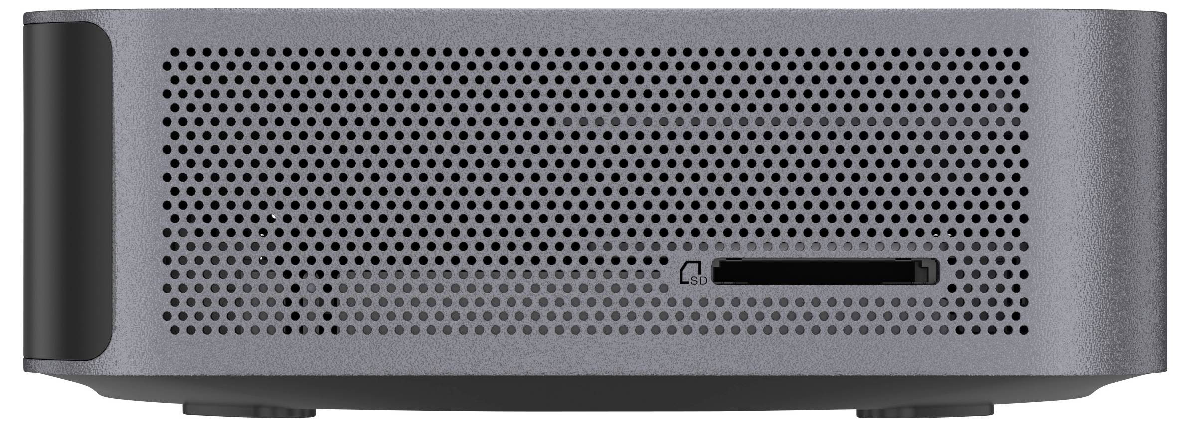 Vorderansicht eines grauen perforierten Lautsprechers oder einer Gerätegehäuses mit einem schwarzen Seitenpaneel und einer kleinen Schlitzöffnung in der Nähe der unteren rechten Ecke.