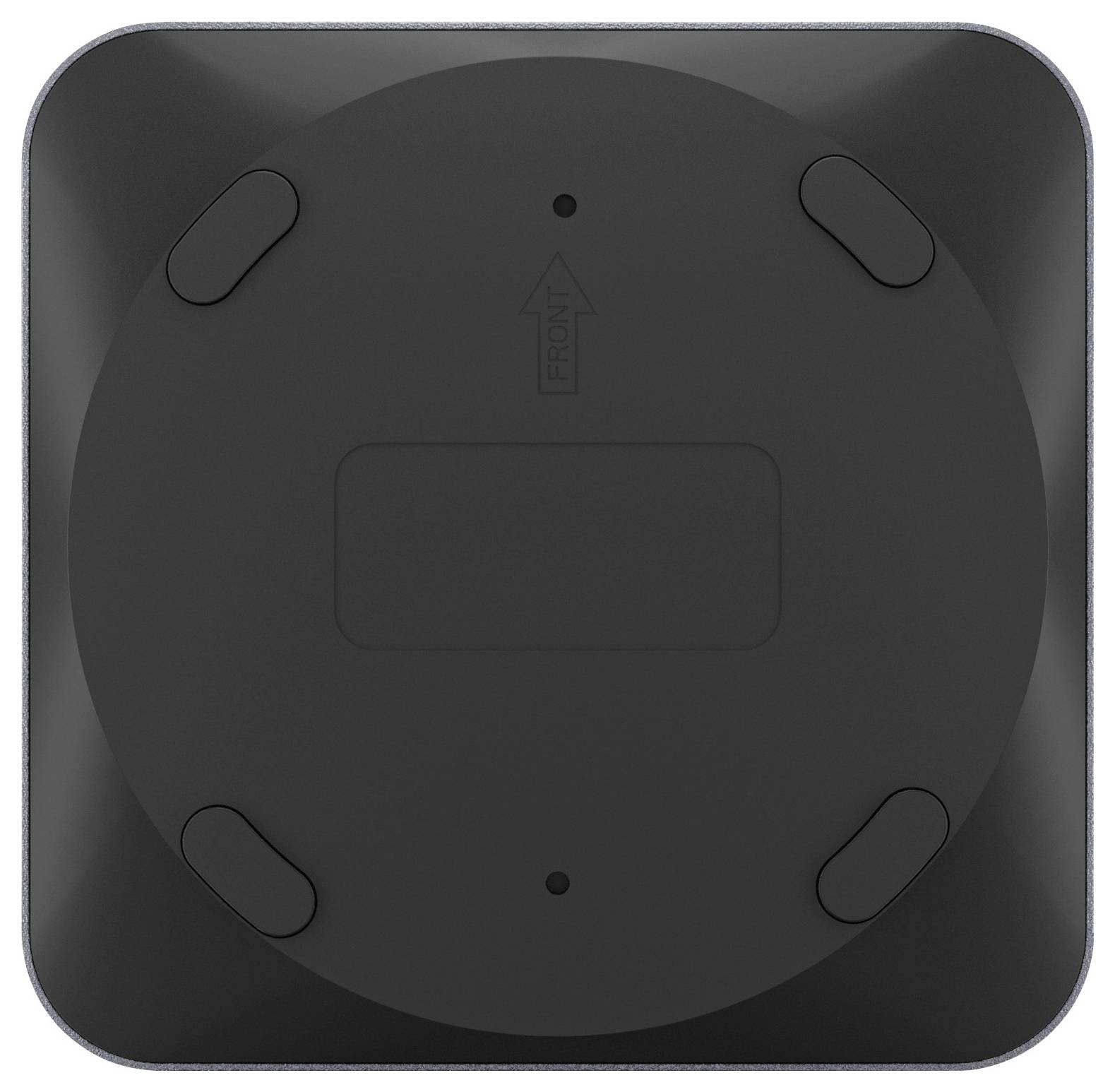 Schwarzes quadratisches Gerät mit Unterseite, vier Gummifüßen, zwei Schraubenbohrungen und zentraler vertiefter Platte.