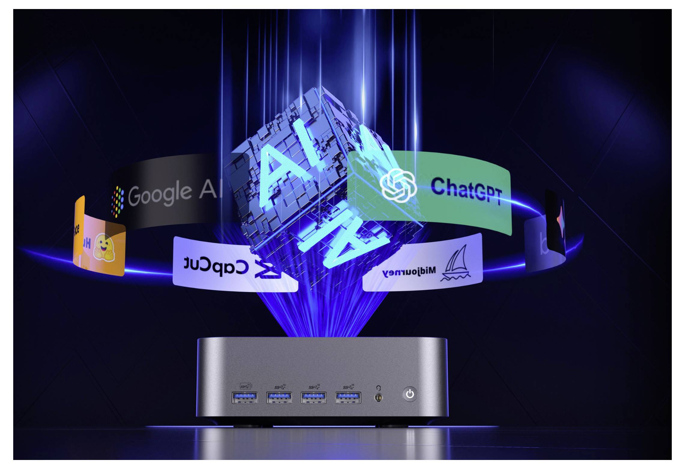 Futuristisches KI-Konzeptbild, das einen leuchtenden „KI