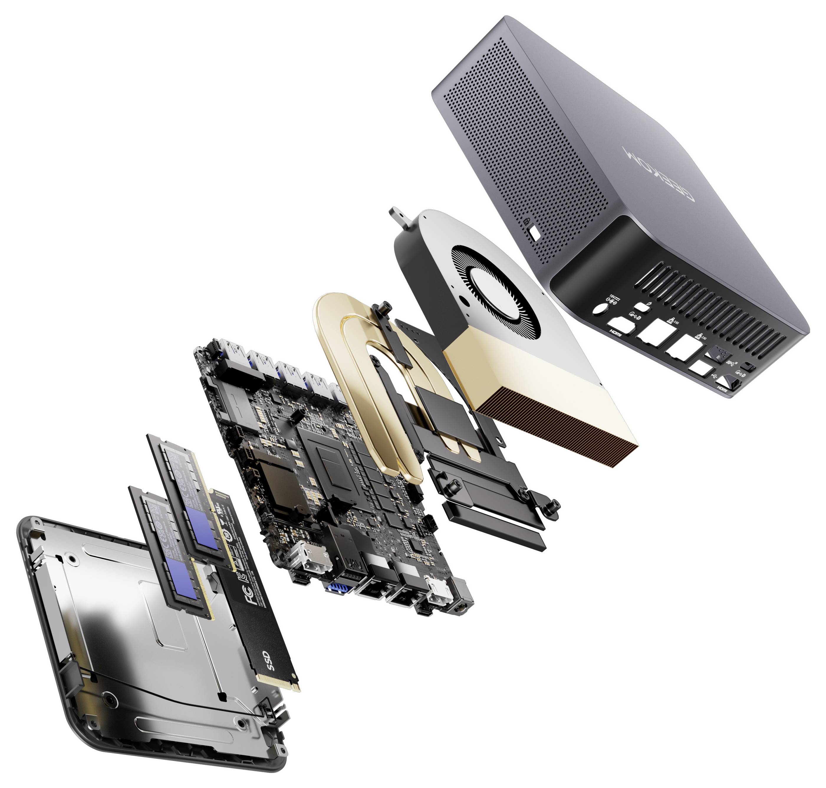 Explodierte Ansicht eines kompakten Mini-PCs mit internen Komponenten: Gehäuse, Motherboard, Speicher, Kühlüfter und Speicherlaufwerk.
