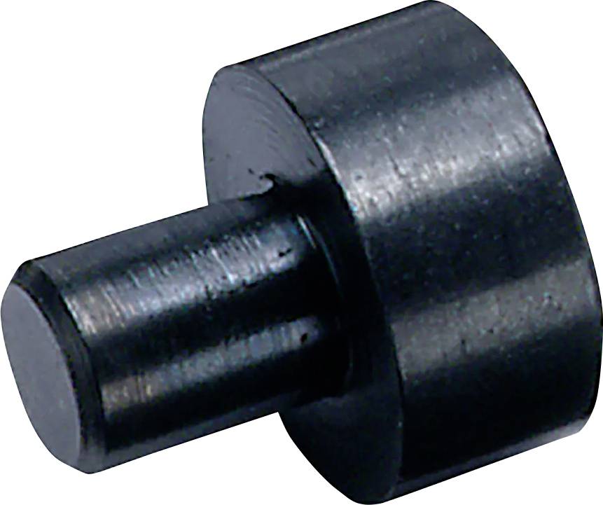 Schwarzer zylindrischer Metallabstandhalter mit einem vorstehenden kleineren zylindrischen Stift, möglicherweise zur Verwendung in mechanischen oder elektronischen Baugruppen.