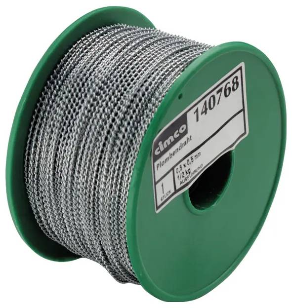 Eine grüne Spule mit der Bezeichnung '140768' hält aufgewickelten metallischen Draht. Das Etikett enthält die Abmessungen 0,5 x 0,5 mm.