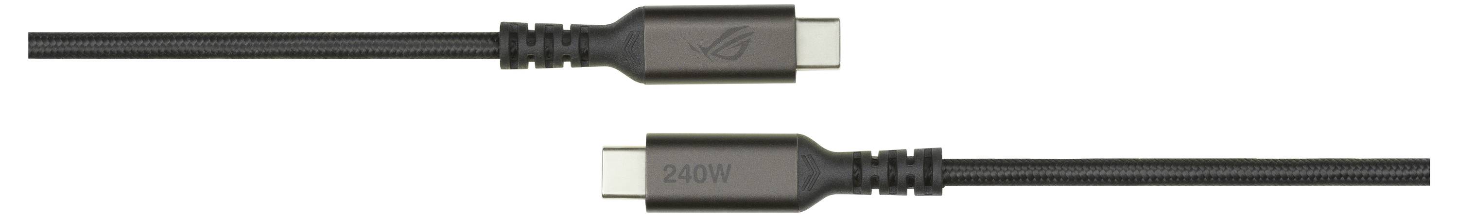Zwei schwarze Kabel mit USB-C-Anschlüssen. Das obere Kabel hat ein Logo, und das untere ist mit „240W
