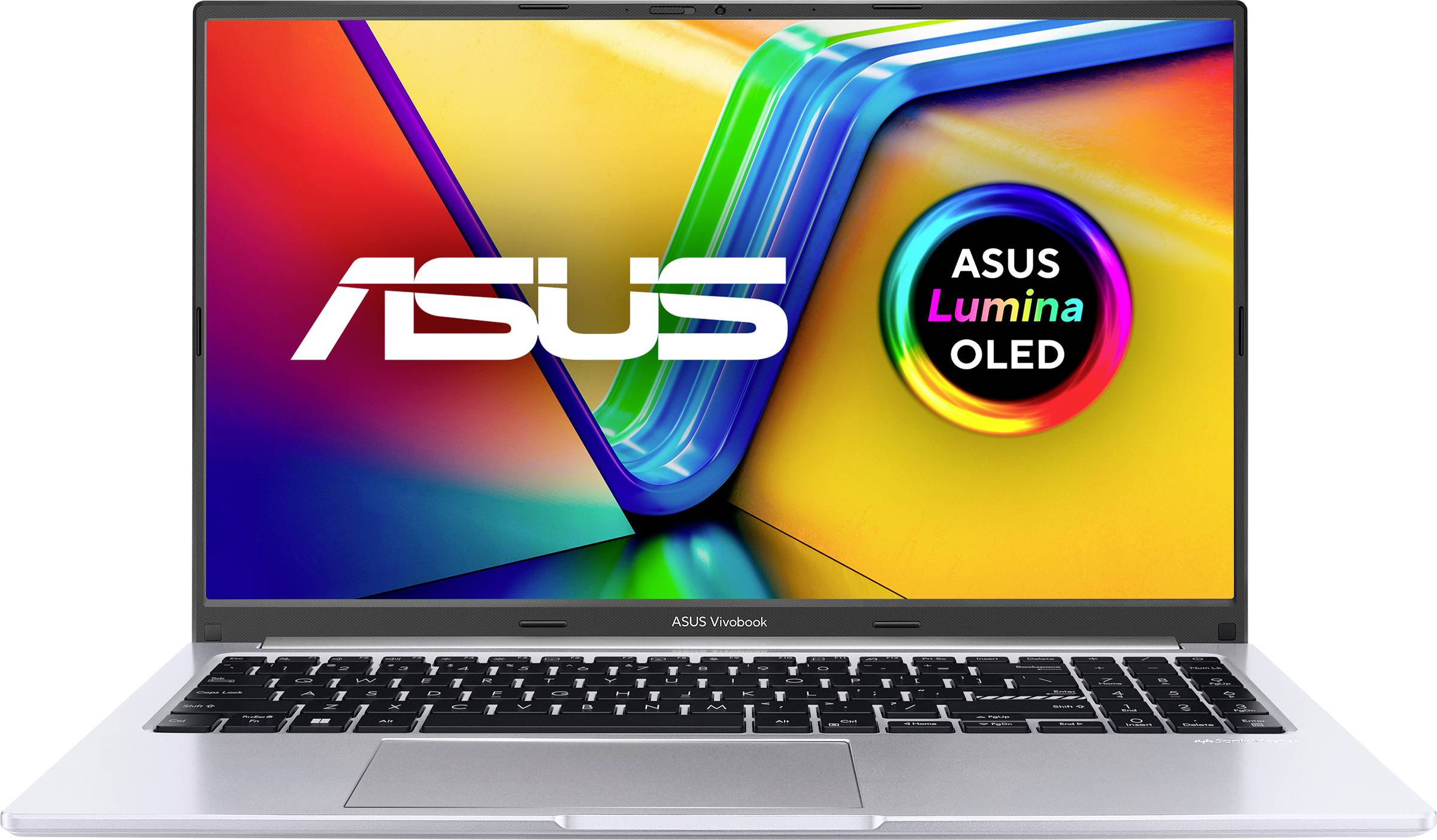 ASUS VivoBook mit OLED-Anzeigebildschirm mit lebendigen Farben und ASUS Lumina-Logo in einem kreisförmigen Abzeichen auf der rechten Seite.