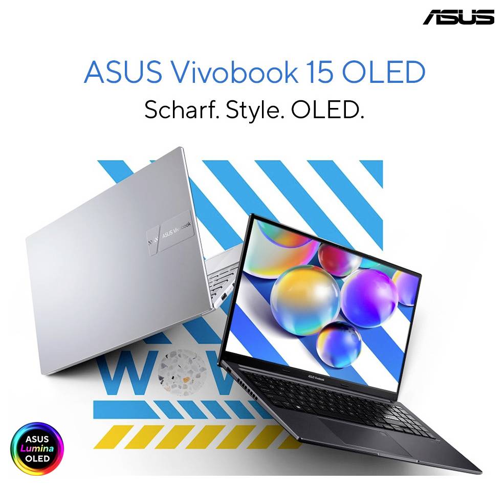 Zwei ASUS Vivobook 15 OLED Laptops, einer in Silber von hinten und einer offen mit buntem Bildschirm, darüber Text 'Scharf. Style. OLED.'