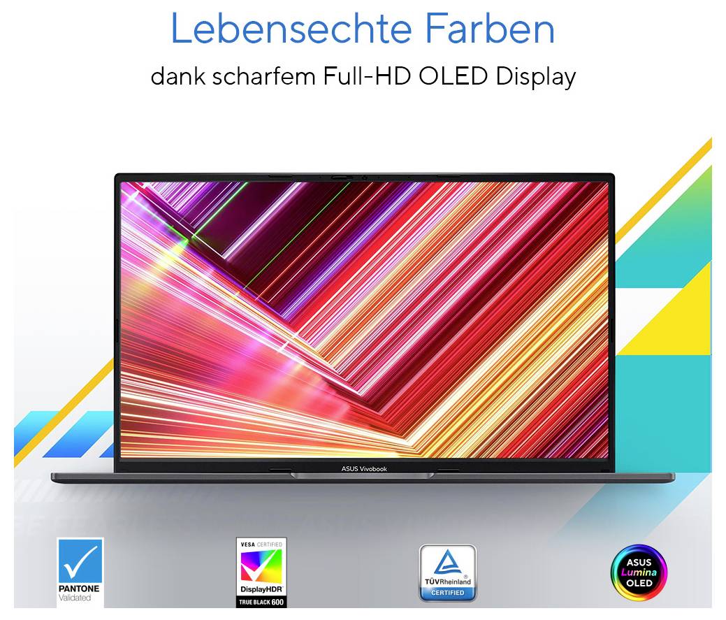 Ein ASUS Laptop mit Full-HD OLED Display zeigt lebendige Farben. Aufschrift: 'Lebensechte Farben dank scharfem Full-HD OLED Display'. Logos von Pantone, DisplayHDR und TÜV Rheinland.