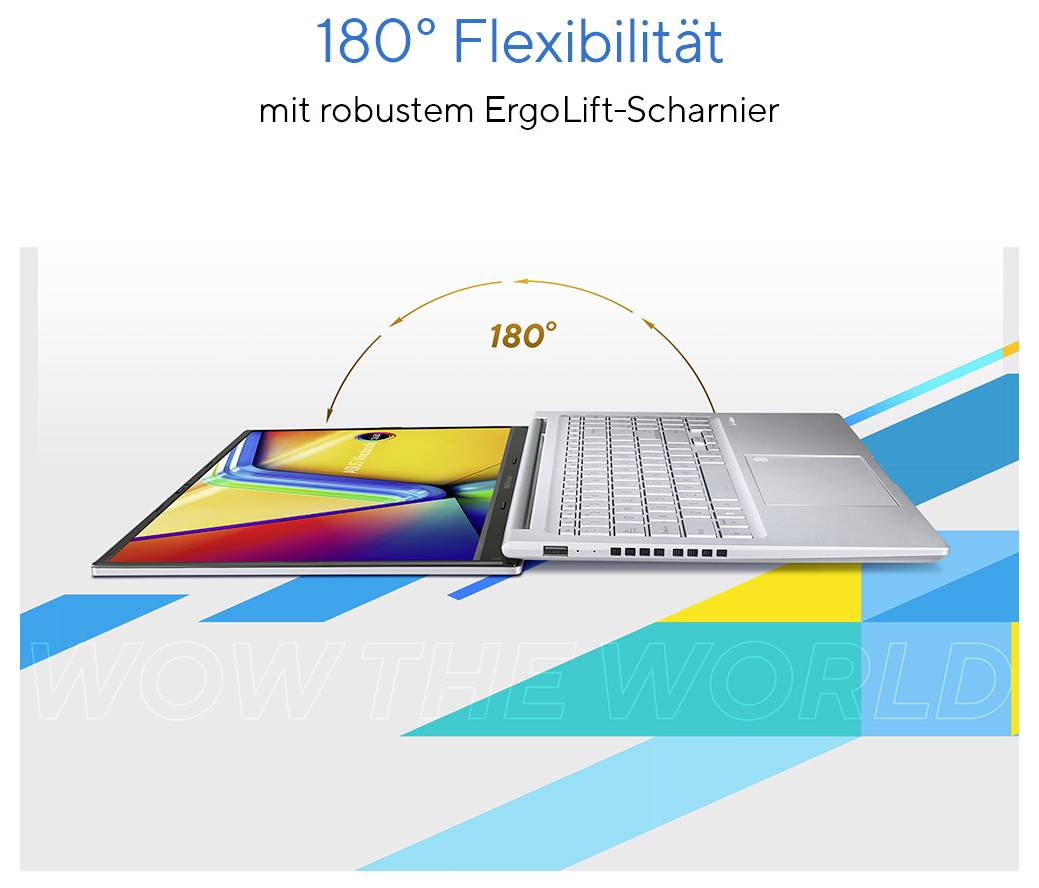 Ein Laptop mit einem 180° geöffneten Bildschirm, der robuste ErgoLift-Scharniereigenschaften zeigt, liegt flach auf einer Oberfläche.