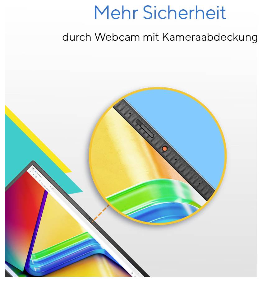 'Mehr Sicherheit durch Webcam mit Kameraabdeckung.' Bild zeigt Laptop mit aktivierter Kameraabdeckung und farbenfrohem Bildschirmhintergrund.