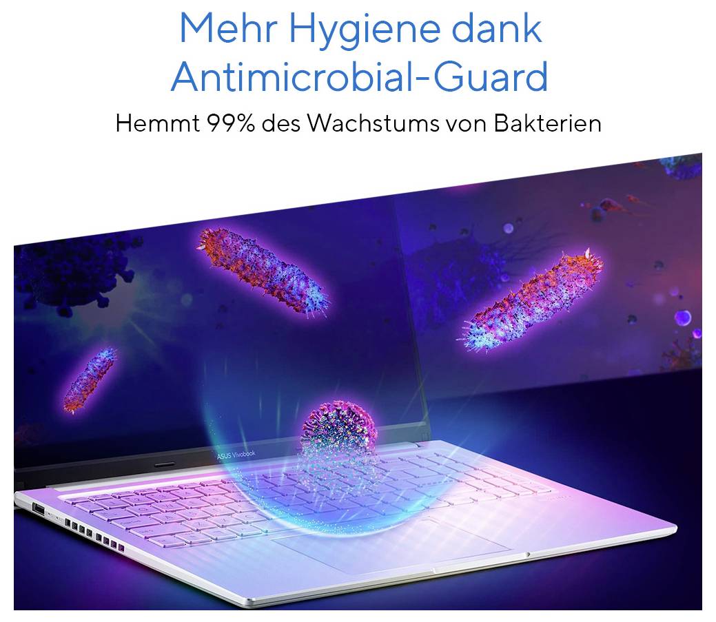 'Mehr Hygiene dank Antimicrobial-Guard' mit einem Laptop, umgeben von schematischen Darstellungen von Bakterien, die 99% Wachstum hemmen.