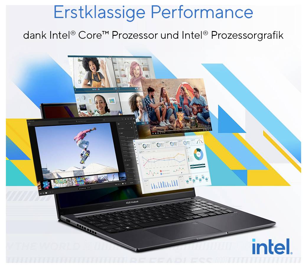 Ein Laptop mit offenem Bildschirm zeigt Fotos und Diagramme. Text: 'Erstklassige Performance dank Intel® Core™ Prozessor und Intel® Prozessorgrafik'. Logo: intel.