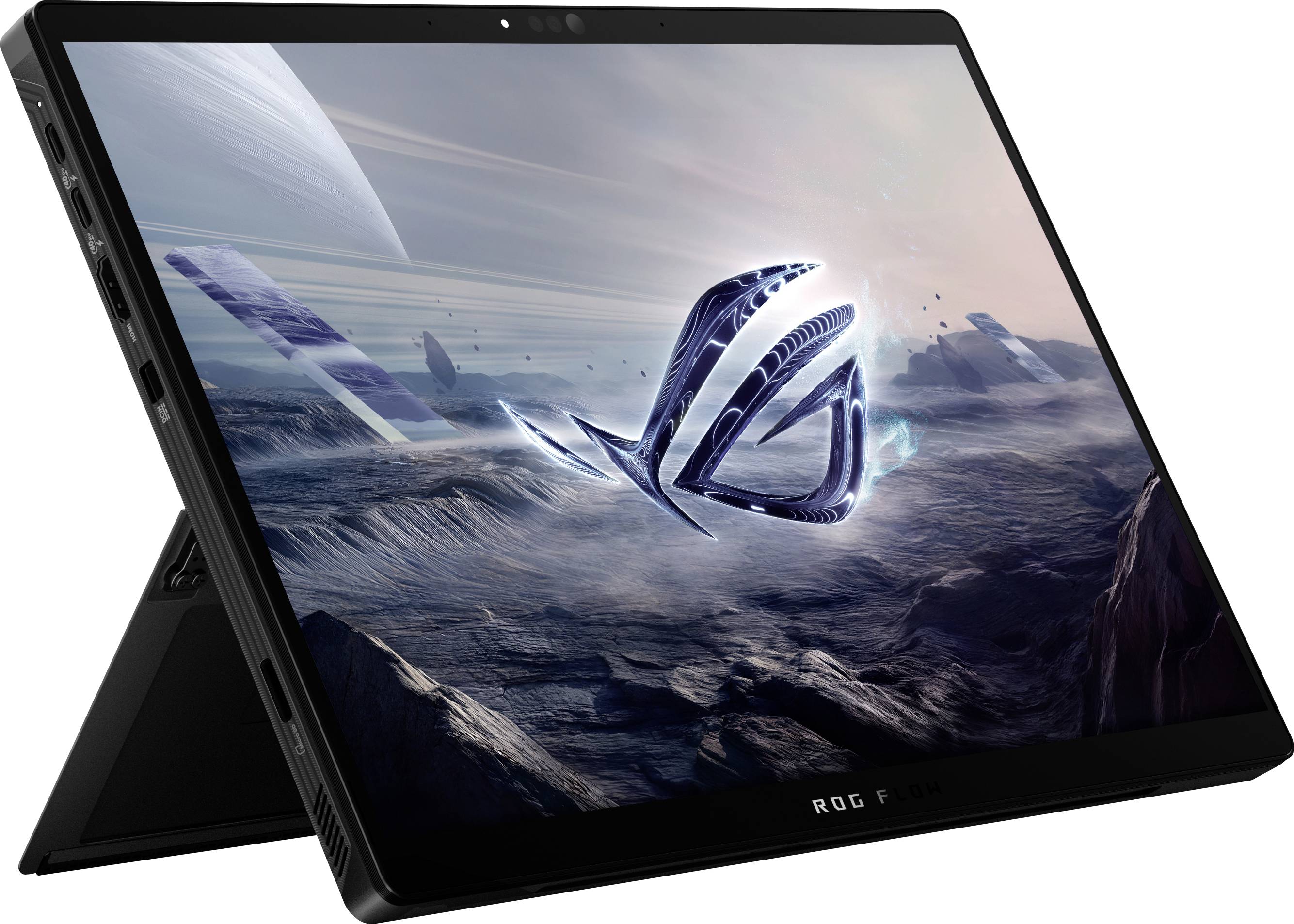 Ein Gaming-Tablet mit einer futuristischen Landschaft auf dem Bildschirm, die große Buchstaben „ROG