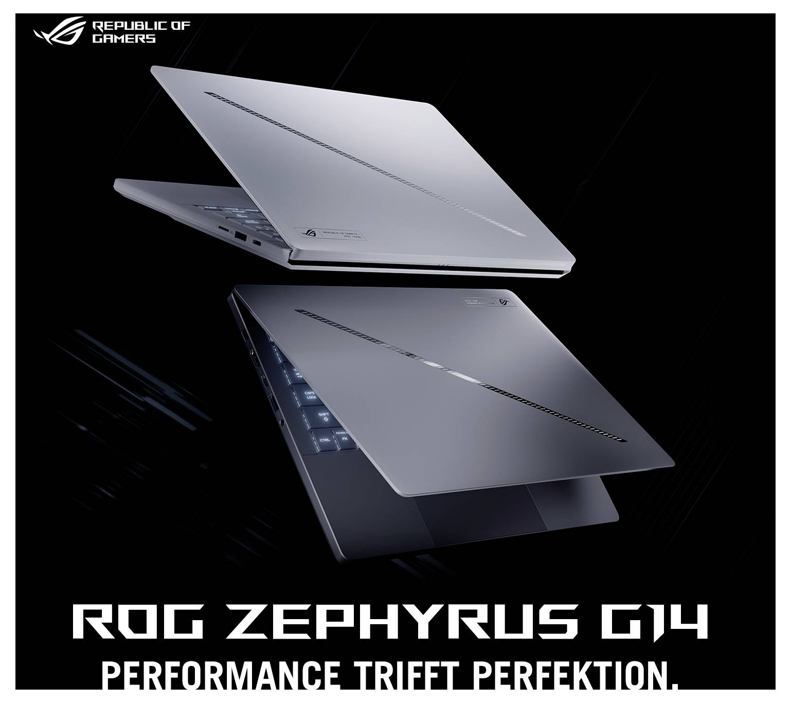'ROG Zephyrus G14 Laptop' in geöffnetem und geschlossenem Zustand, grau-metallic. Text: 'Performance trifft Perfektion'.
