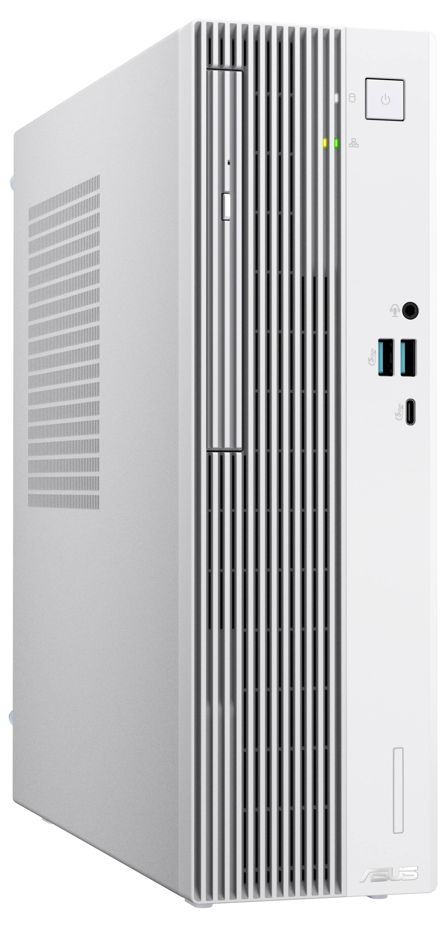 Ein weißer Computer-Turm mit einer Frontblende mit Stromschalter, USB-Anschlüssen und Belüftungsschlitzen, entwickelt für den Heim- oder Bürogebrauch.