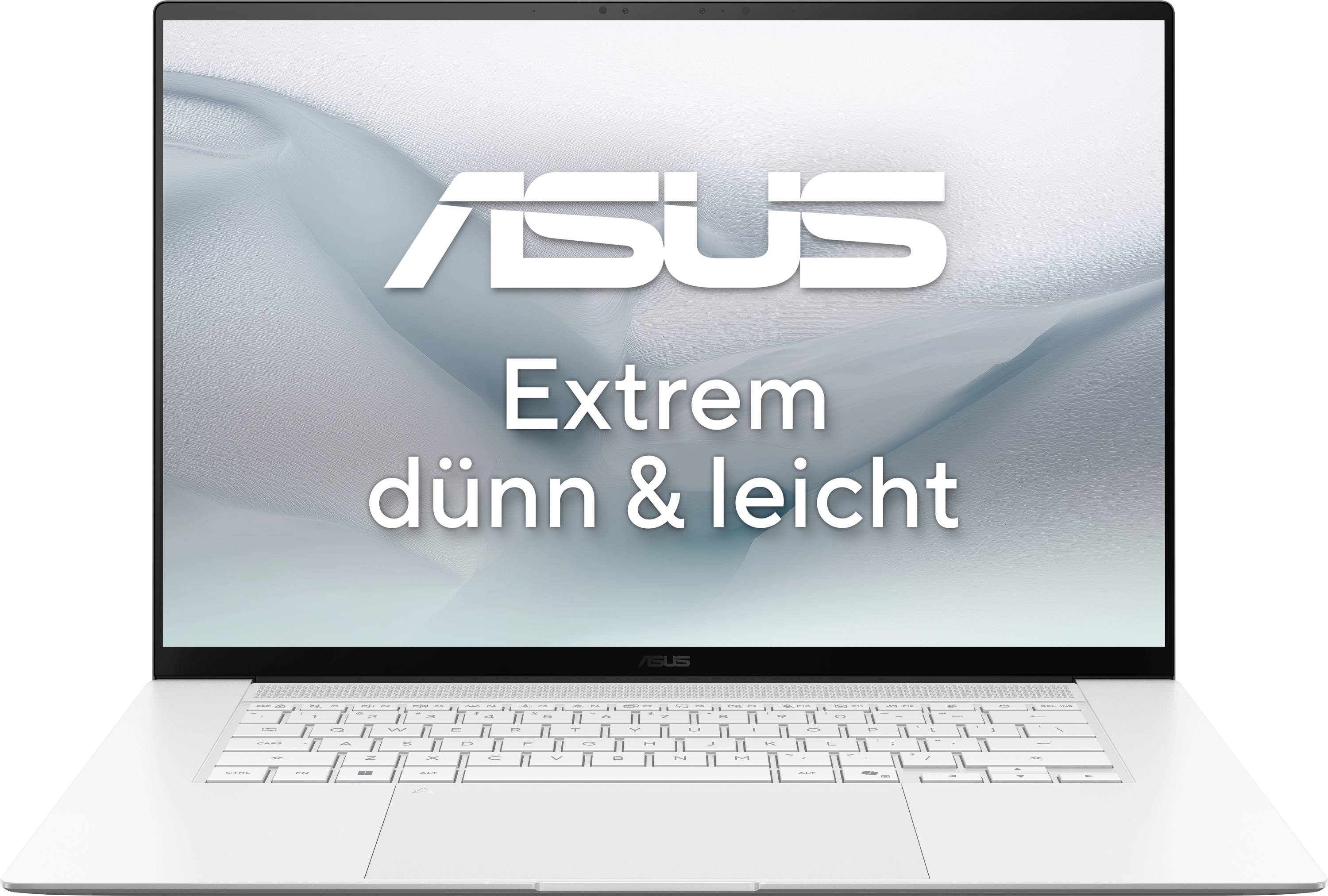 Ein Laptop-Bildschirm zeigt den Text „ASUS Extrem dünn & leicht