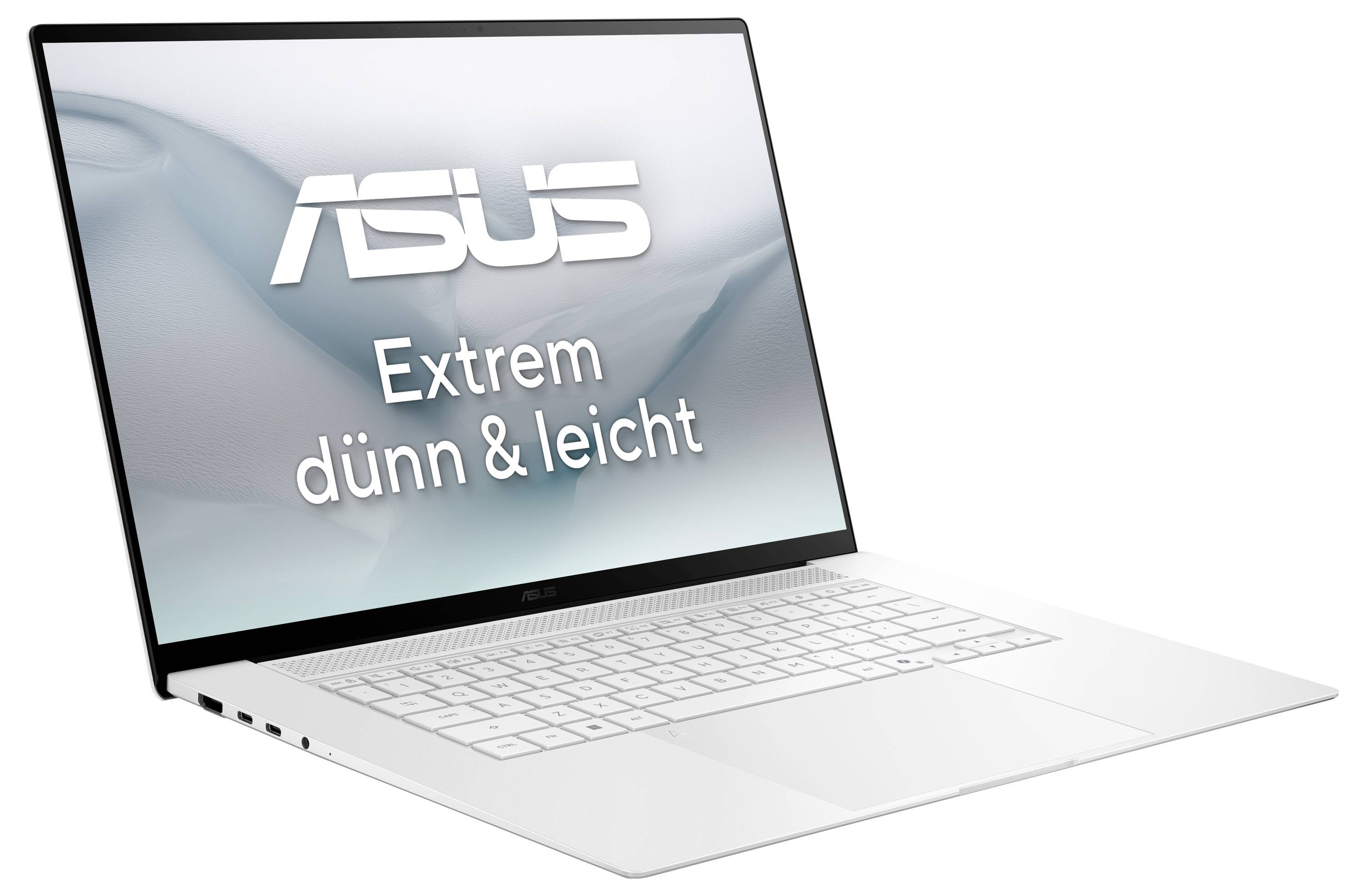 Ein schlankes, dünnes Asus-Laptop, das auf seinem Bildschirm den Text „Extrem dünn & leicht