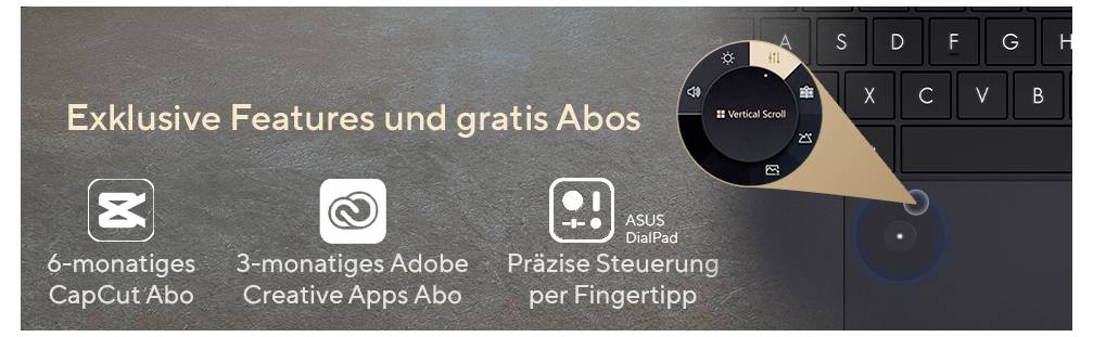 Ein beige Kasten zeigt „Exklusive Features und gratis Abos