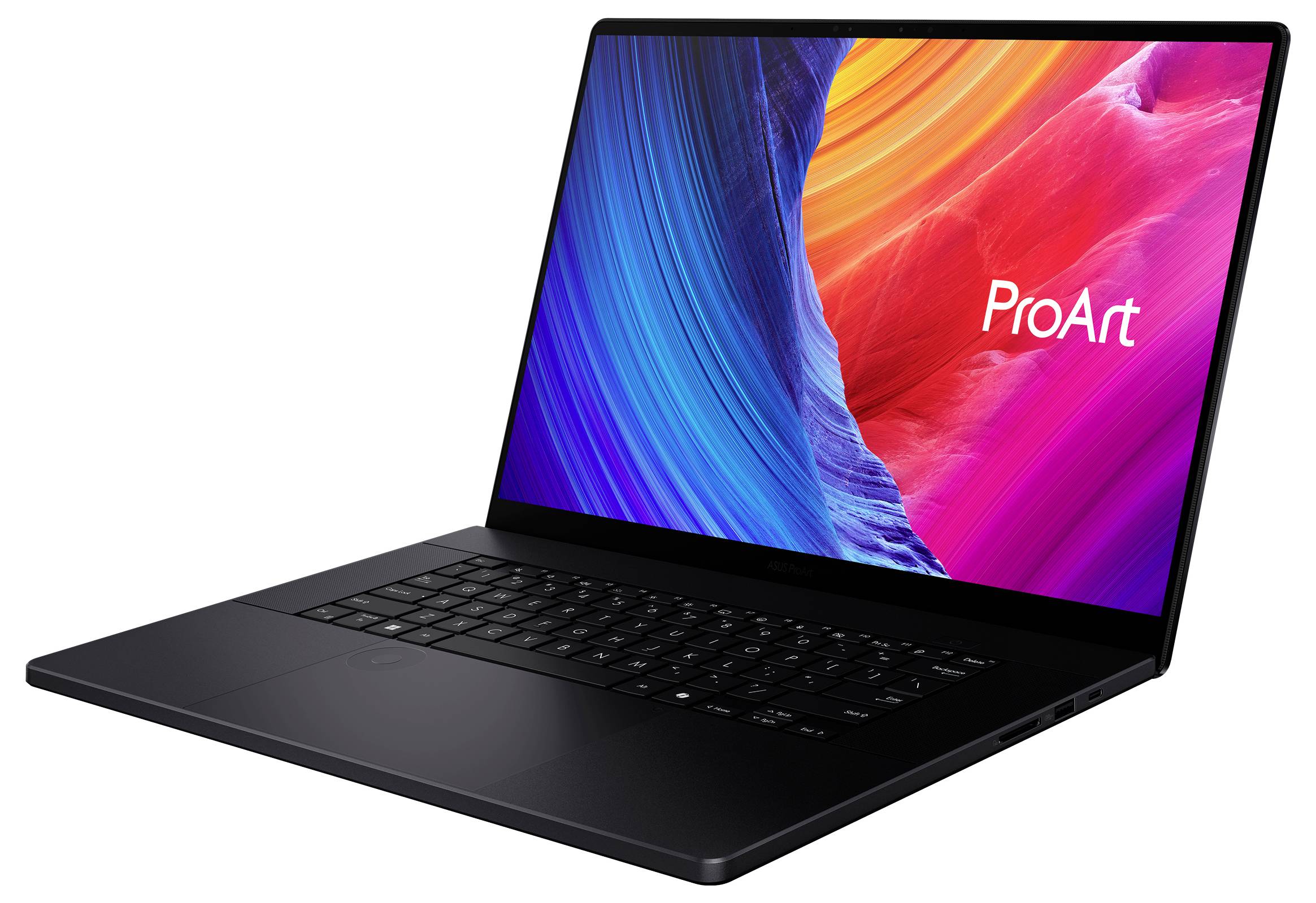 Schwarzer ASUS ProArt Laptop auf weißem Hintergrund, der einen farbenfrohen abstrakten Bildschirm mit dem Logo 