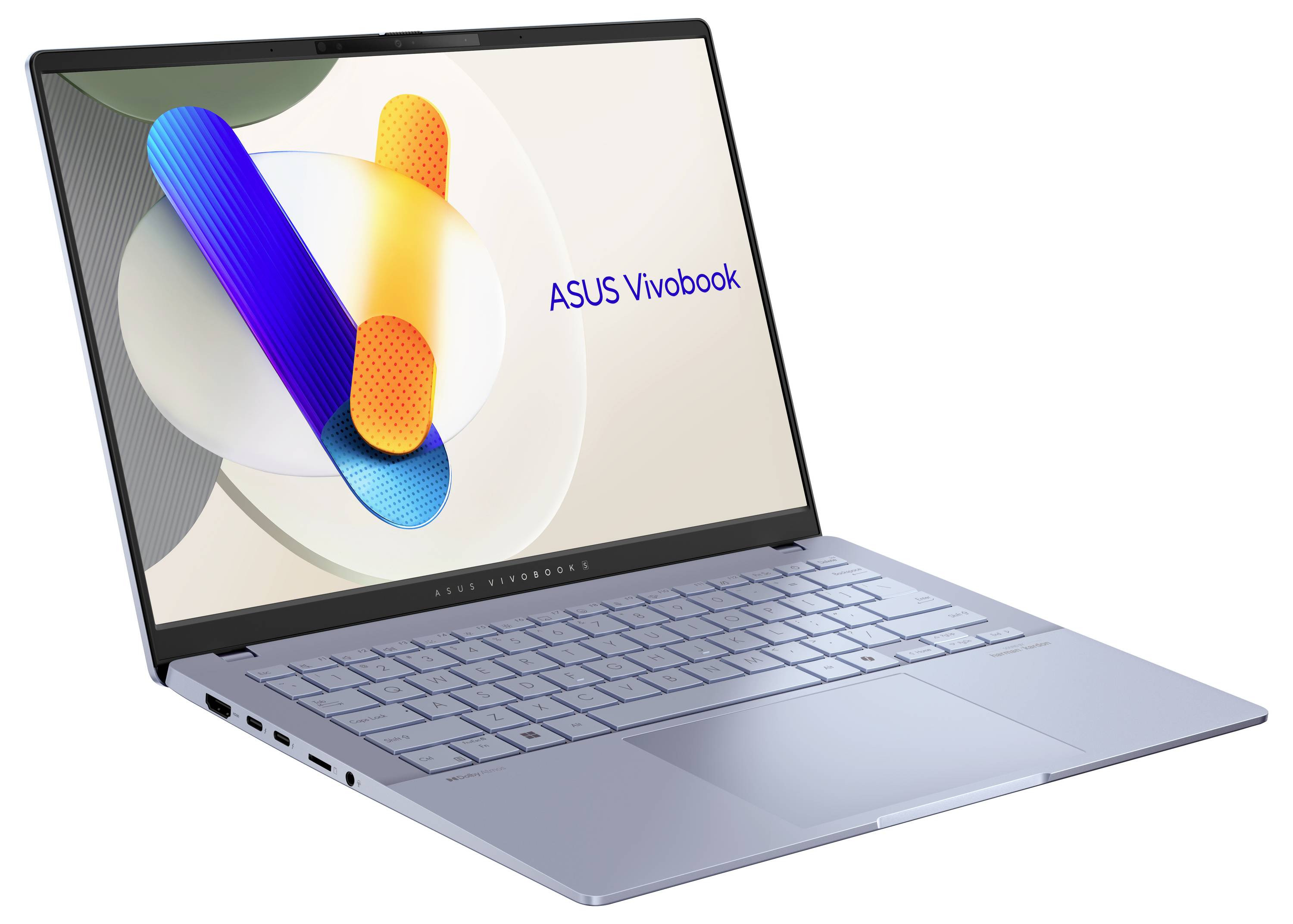 ASUS Vivobook Laptop, leicht nach rechts geneigt, zeigt ein farbenfrohes abstraktes Design mit „ASUS Vivobook