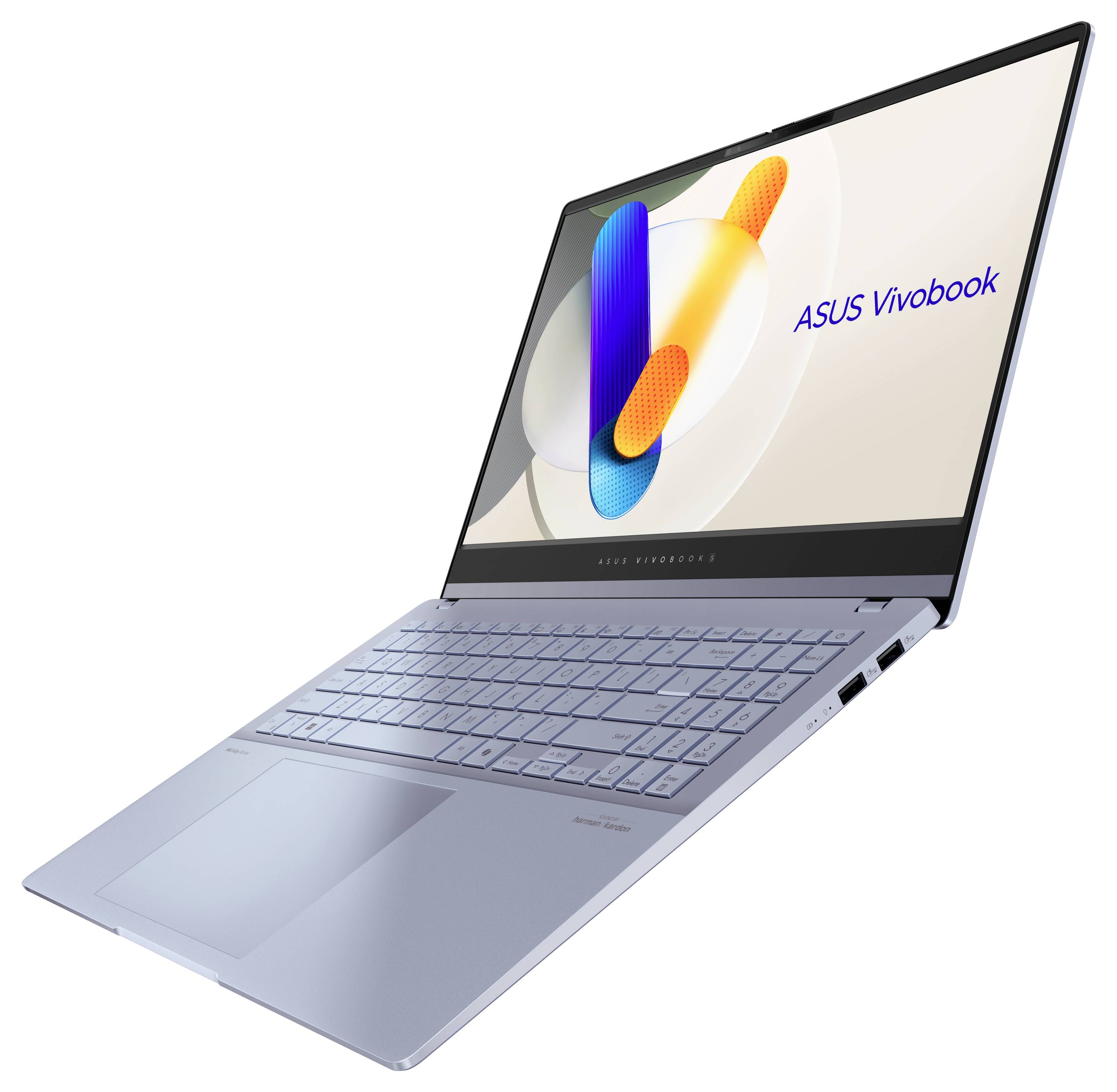 Ein silberner ASUS Vivobook Laptop mit schlankem Design, geöffnet, um seinen Bildschirm anzuzeigen, der eine lebendige abstrakte Form und den Text 'ASUS Vivobook' zeigt.