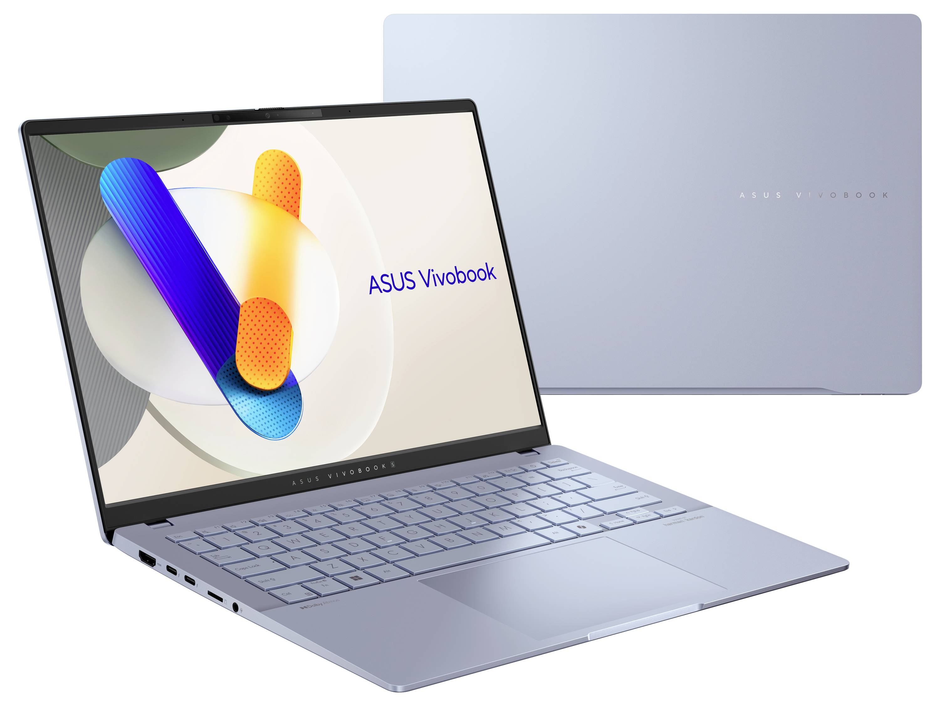 ASUS Vivobook Laptop aufgeklappt mit farbenfrohem Bildschirmdesign, das das schlanke Design und das hellblaue Gehäuse hervorhebt.