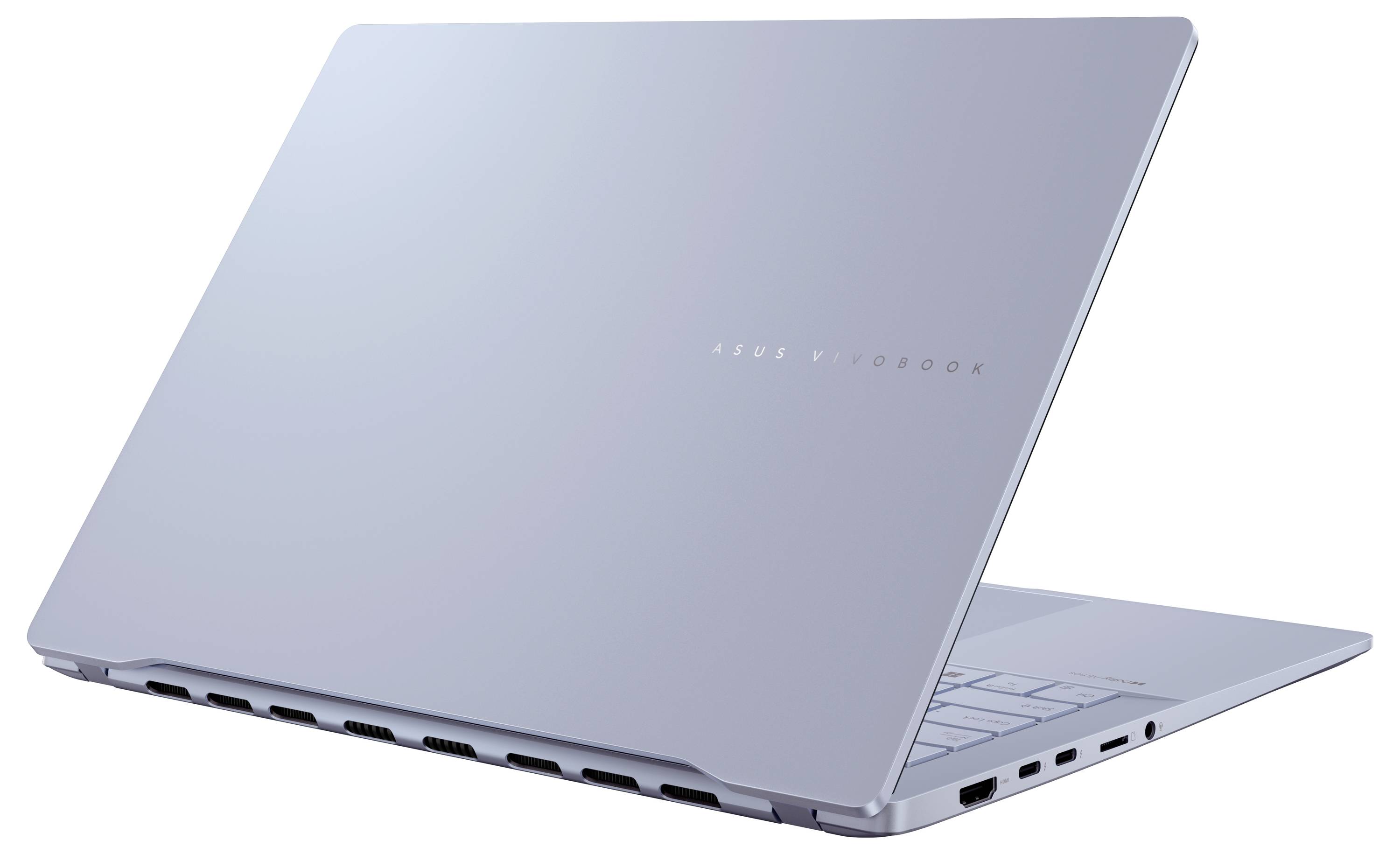Ein eleganter, schlanker silberner Laptop von hinten betrachtet, mit dem Markennamen auf dem Deckel und mehreren Anschlüssen an der Seite.
