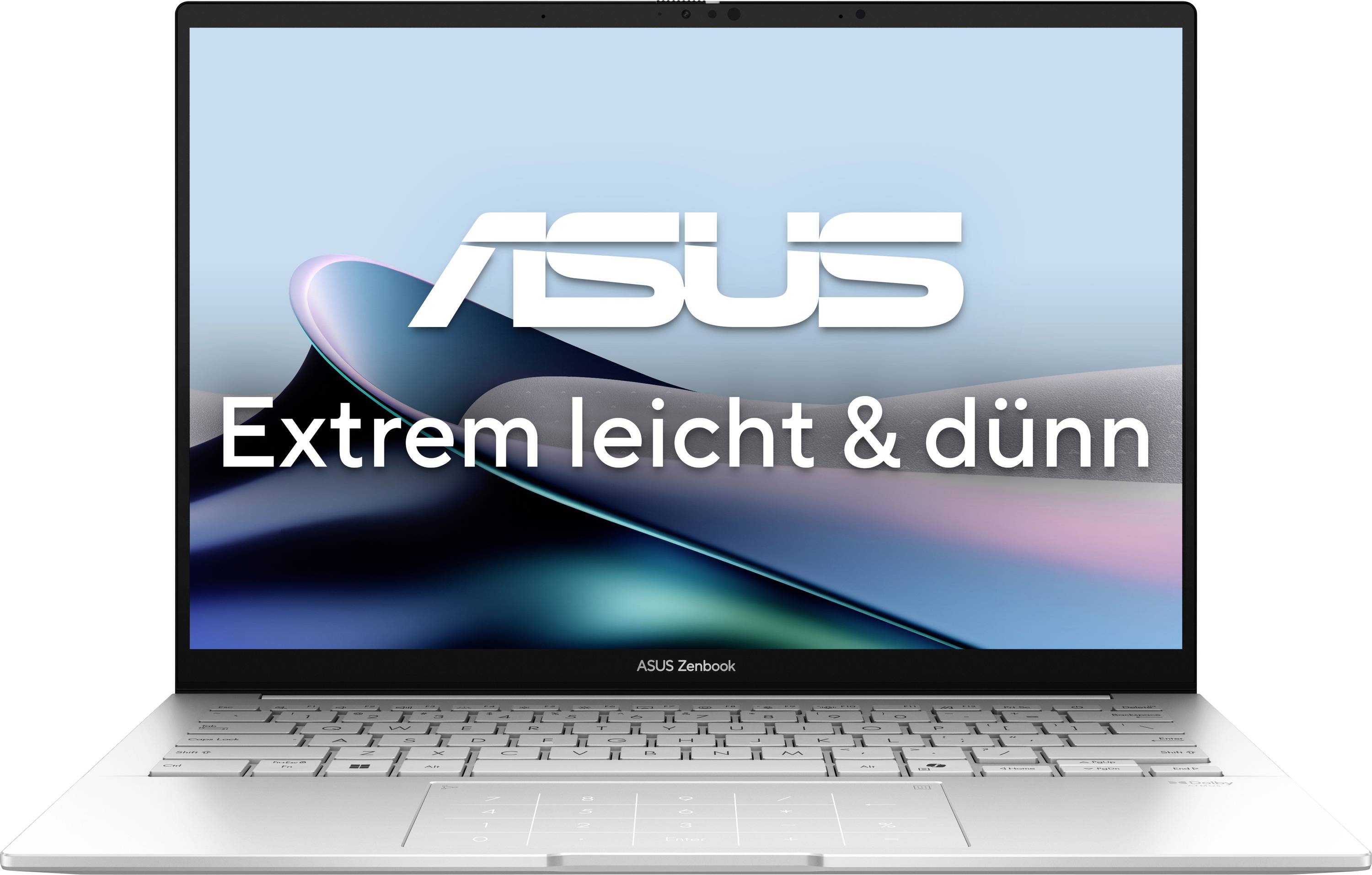 Ein Laptop zeigt das ASUS-Logo auf dem Bildschirm mit dem Text „Extrem leicht & dünn
