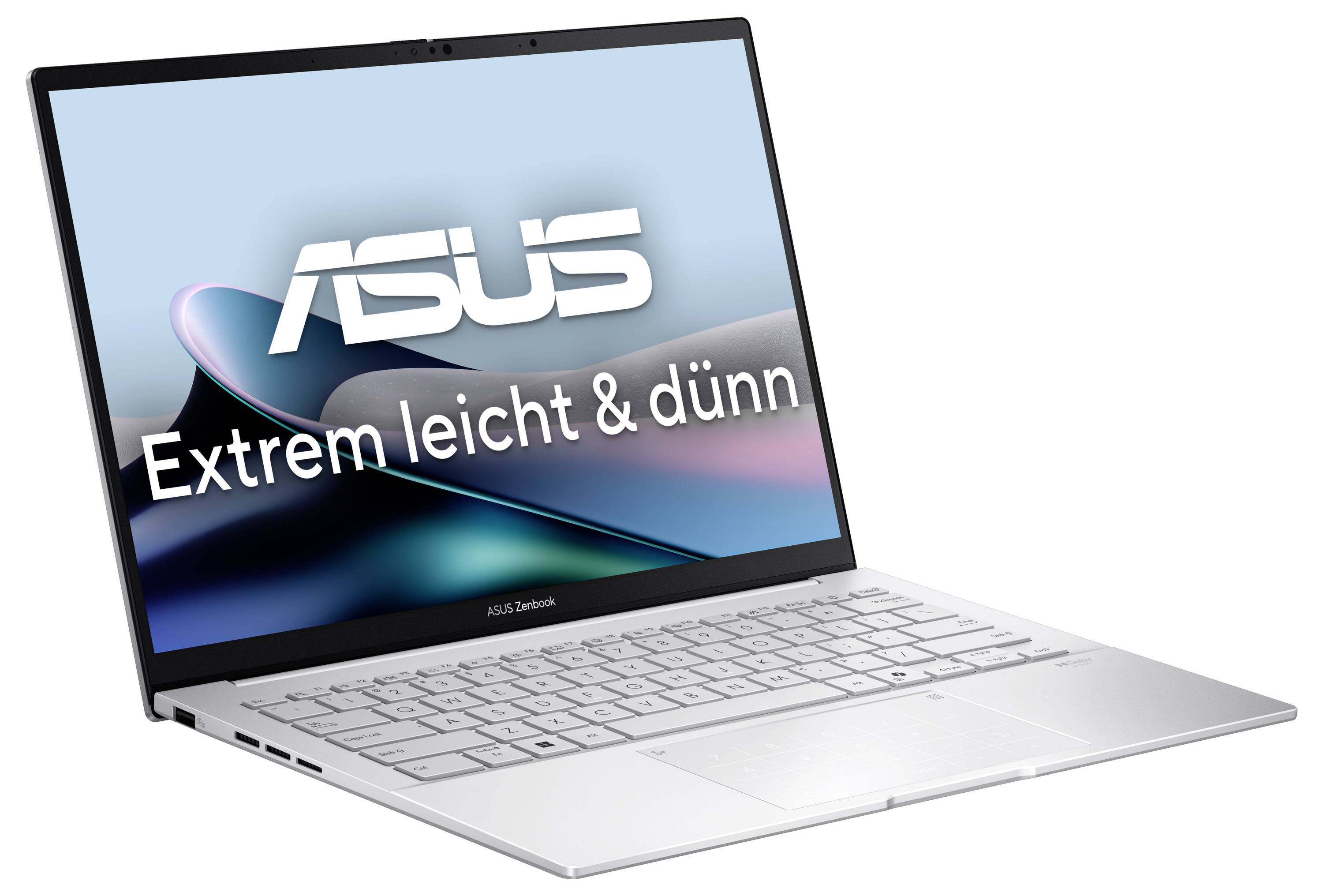 Ein silberner Laptop mit der Aufschrift „ASUS Extrem leicht & dünn