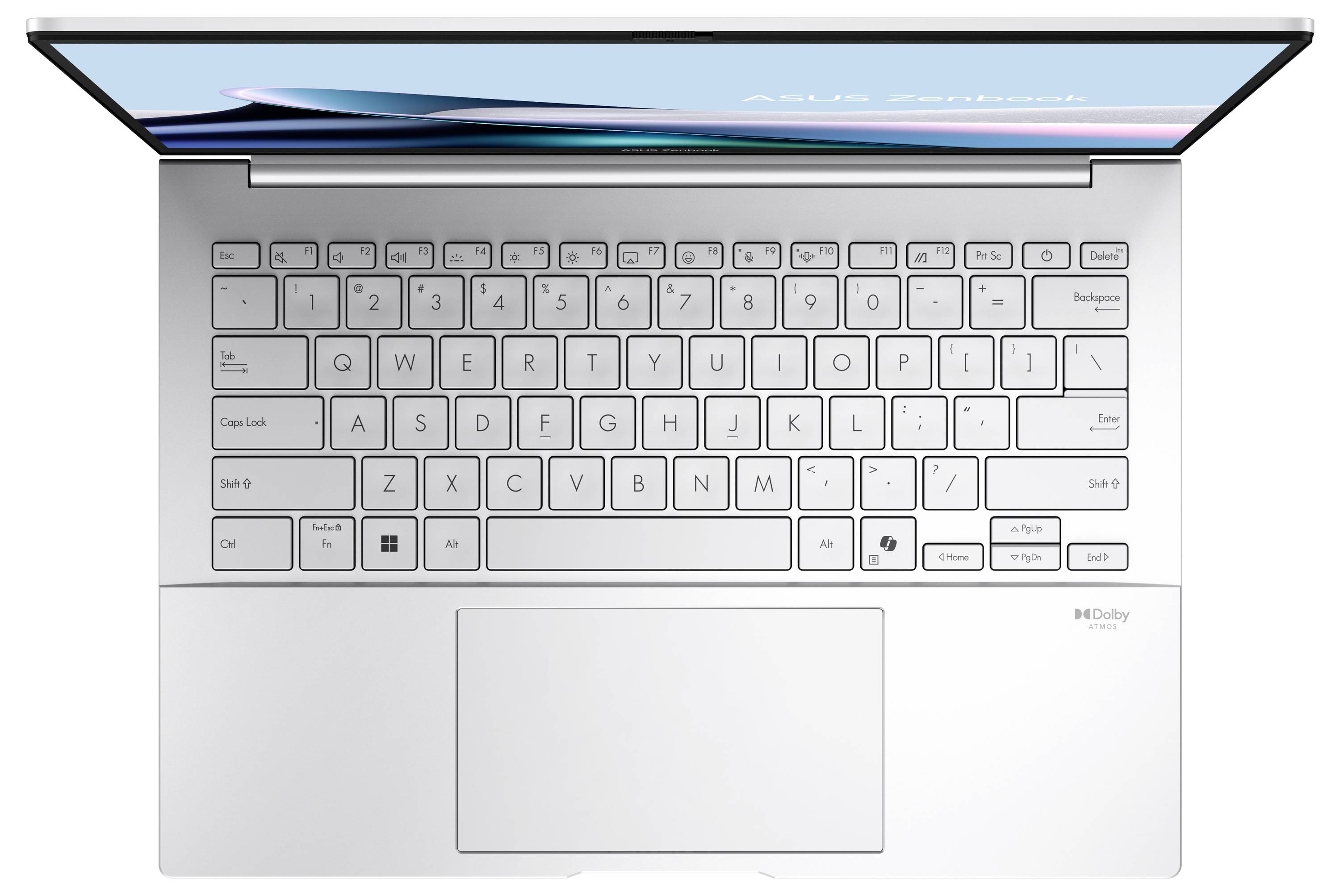 Eine silberne Laptop-Tastatur mit großem Touchpad darunter. Der Bildschirm zeigt schwache Farben und Text an und deutet darauf hin, dass es sich um ein ASUS Zenbook handelt.