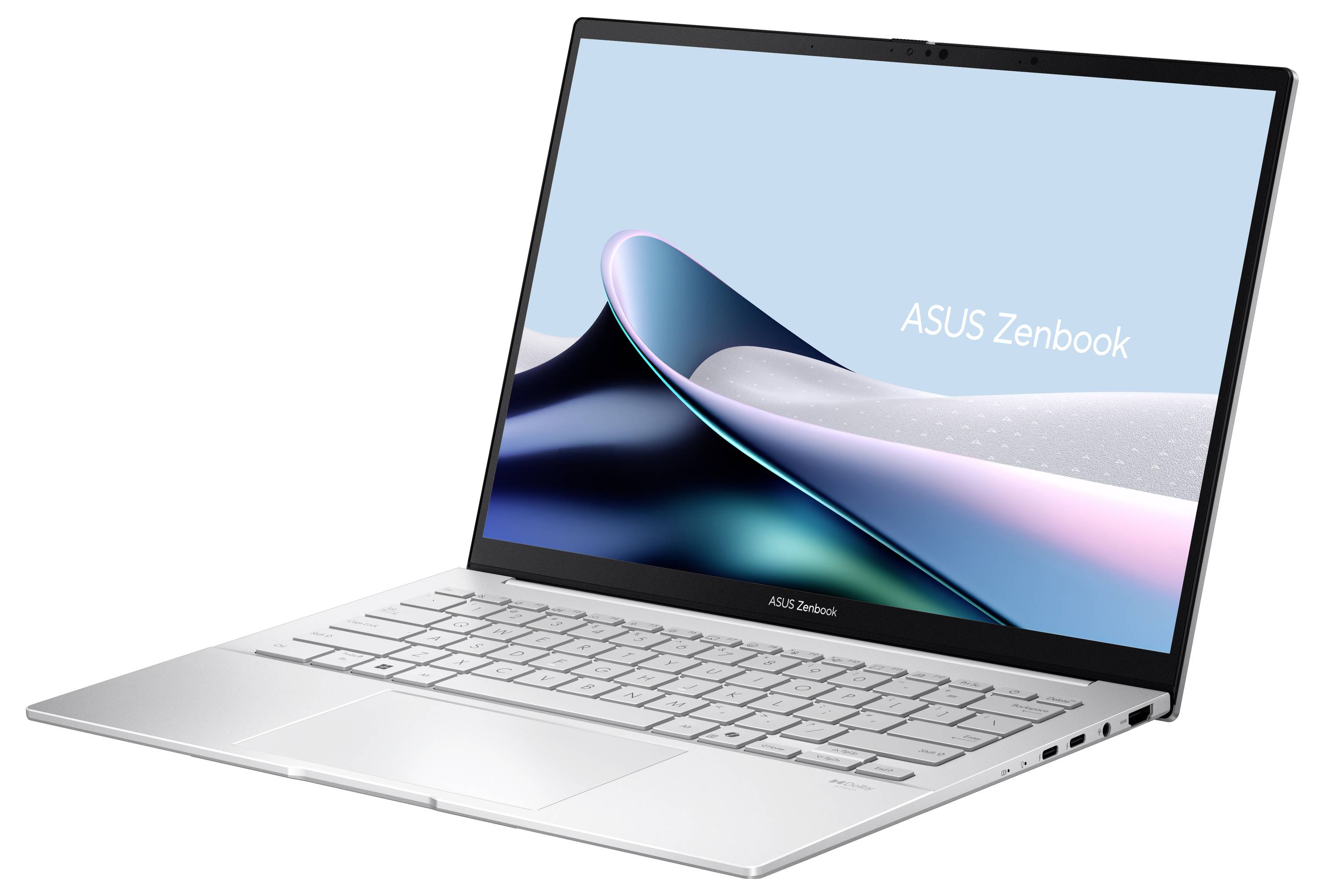 Silberner ASUS Zenbook-Laptop mit schlankem Design, aufgeklappt und nach vorne ausgerichtet. Der Bildschirm zeigt ein wellenförmiges abstraktes Bild und den Text „ASUS Zenbook