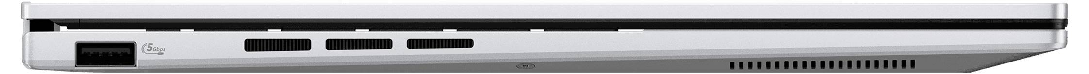 Seitenansicht eines geschlossenen Laptops mit Lüftungsgittern, einem Anschluss und einem eleganten Design.