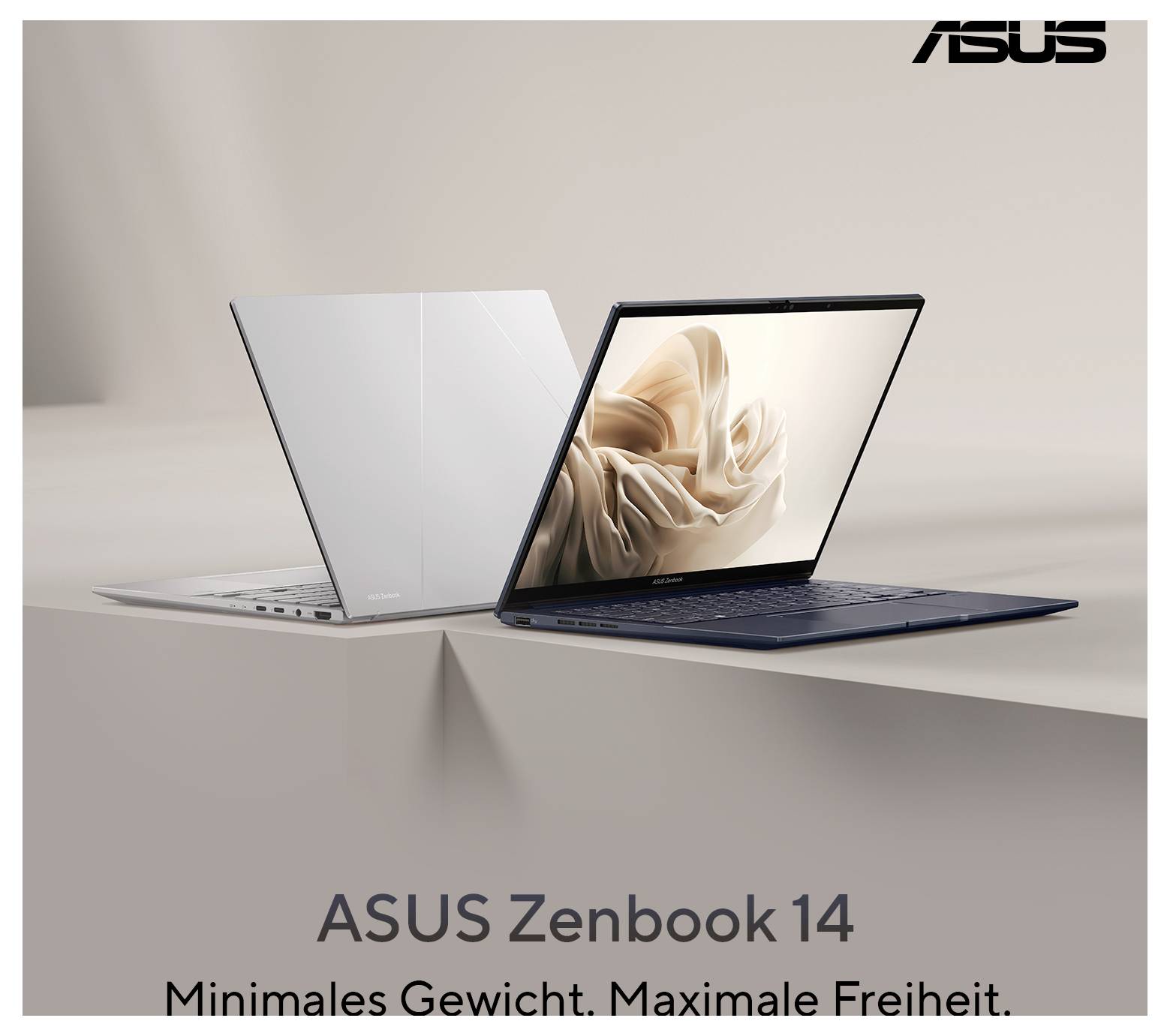 Zwei ASUS Zenbook 14 Laptops auf einem Tisch, einer zeigt ein florales Hintergrundbild auf dem Bildschirm, mit dem Text: ASUS Zenbook 14, Minimales Gewicht. Maximale Freiheit.