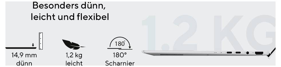 Seitenansicht eines dünnen, leichten Laptops mit Symbolen: „14,9 mm dünn